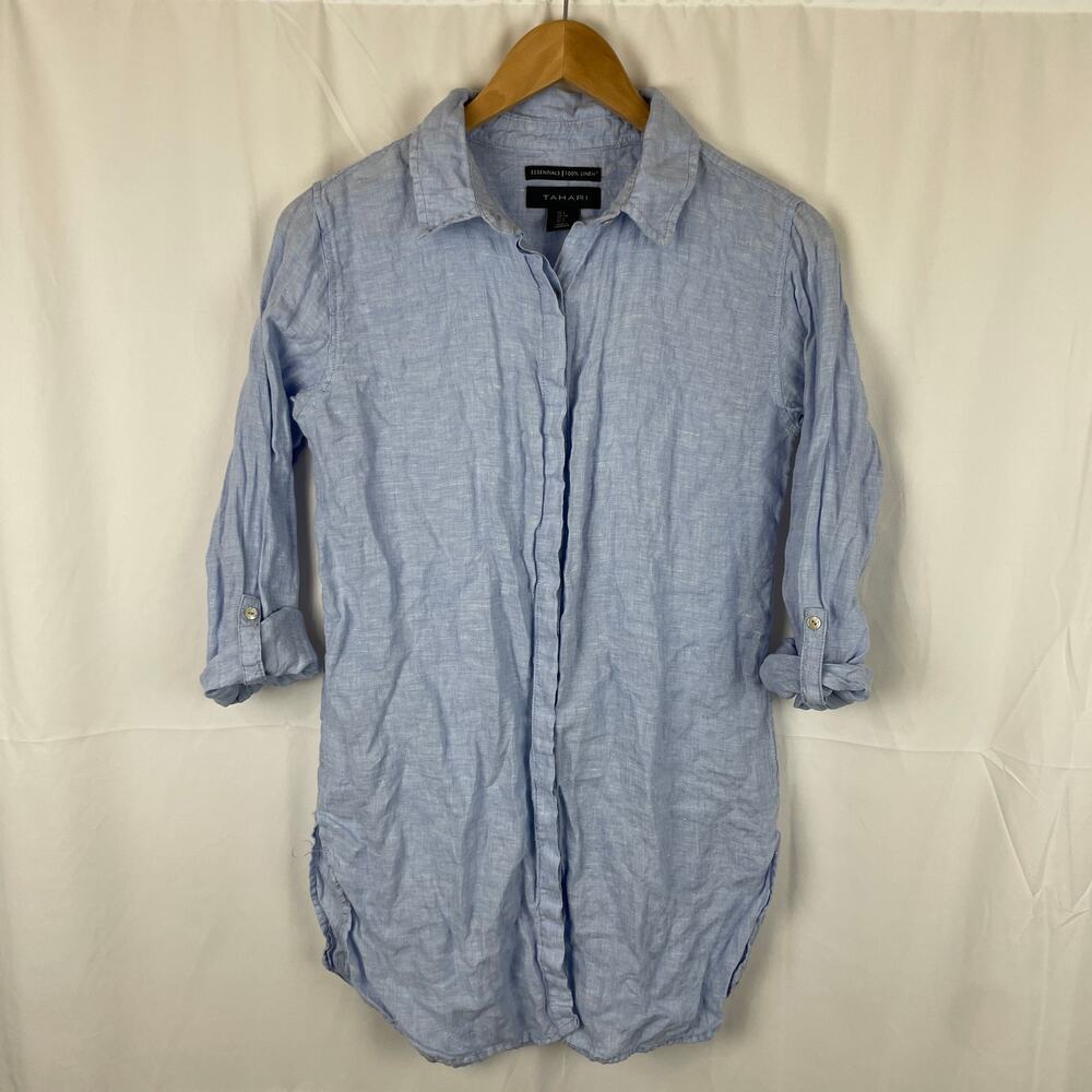 Tahari Linen Tunic Dress Essentials Button Up Roll Sleeve Blue Women's Size S